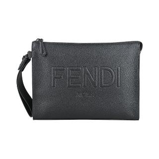 【FENDI 芬迪】FENDI立體英文凸字LOGO小牛皮拉鍊手拿包(黑)