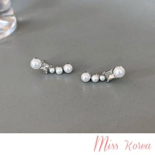 【MISS KOREA】韓國設計優雅幾何鋯石珍珠微笑曲線造型夾式耳環(無耳洞耳環 耳夾 夾式耳環 曲線耳環)