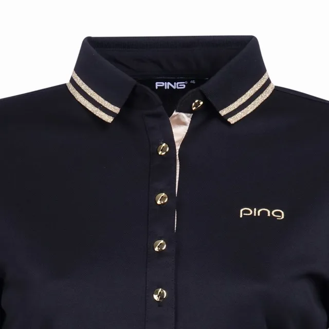 【PING】女款條紋領素面吸濕排汗薄長袖POLO衫-黑(GOLF/高爾夫球衫/RA23290-88)