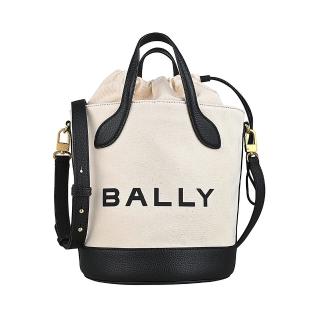 【BALLY】BALLY BAR壓印黑字LOGO設計帆布拼接牛皮束口手提斜揹包(米白x黑)