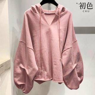 【初色】韓版薄款寬鬆純色拼接抽繩連帽V領長袖T恤上衣女上衣-共5色-39933(M-2XL可選)
