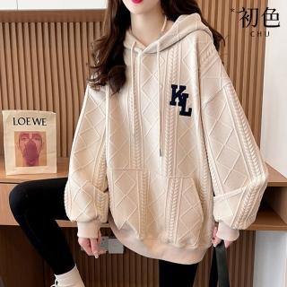 【初色】慵懶風中長款加絨加厚字母刺繡緹花抽繩口袋連帽長袖Ｔ恤女上衣-共4色-39941(M-2XL可選)