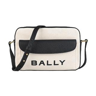 【BALLY】BALLY Bar Daniel黑字標籤LOGO條紋細節設計帆布拼牛皮拉鍊斜揹包(米白x黑)