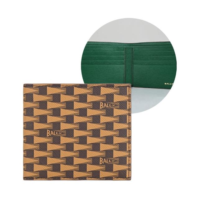 【BALLY】BALLY幾何三角旗印花LOGO內撞色設計TPU 8卡對折短夾(深褐x淺棕x松花綠)