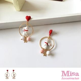 【MISA】韓國設計愛心立體小兔毛球造型夾式耳環(無耳洞耳環 耳夾 夾式耳環 小兔耳環 愛心耳環)