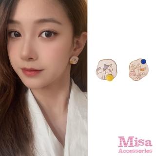 【MISA】韓國設計不對稱可愛貓咪圖樣夾式耳環(無耳洞耳環 耳夾 夾式耳環 不對稱耳釘 貓咪耳釘)