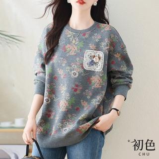 【初色】復古風滿版碎花立體花朵螺紋寬鬆圓領長袖T恤上衣女上衣-花色-39870(L-4XL可選)