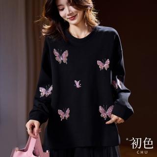 【初色】撞色亮片蝴蝶刺繡長袖圓領上衣女上衣-黑色-39865(L-4XL可選)