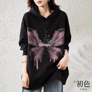 【初色】文藝風蝴蝶英文印花字母寬鬆長袖連帽帽T上衣女上衣-黑色-39863(L-4XL可選)