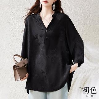 【初色】V字領緹花開襟寬鬆直筒長袖襯衫上衣女上衣-黑色-39859(L-4XL可選)