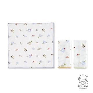 【KU.KU. 酷咕鴨】狐狸熊滿底緹花紗布手帕3入(藍/粉)