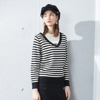 【巧玲瓏】橫條V領二件式針織上衣 3438007