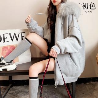 【初色】純色加絨加厚寬鬆長袖連帽外套女外套-共3色-39912(M-XL可選)