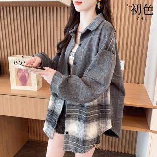【初色】復古格紋撞色拼接單排釦POLO領長袖落肩袖開衫外套女外套-共2色-39917(M-3XL可選)