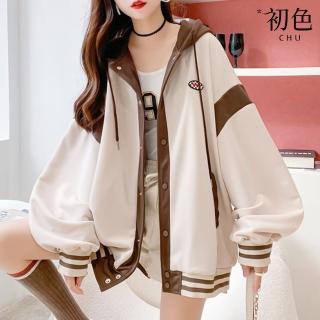 【初色】撞色拼接棒球服抽繩連帽長袖寬鬆中大尺碼帽T衛衣外套女外套-共3色-39927(M-XL可選)