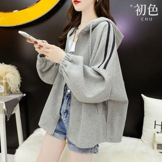 【初色】純色條紋華夫格長袖寬鬆連帽外套女外套-共3色-39923(M-2XL可選)