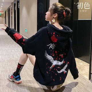 【初色】中國風中長款刺繡抽繩連帽長袖公主袖T恤上衣女上衣-共2款2色-39922(M-2XL可選)