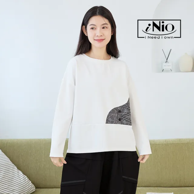 【iNio 衣著美學】長袖上衣 冬新品 現貨 幾何拼接 圓領 長袖棉T CDW1713