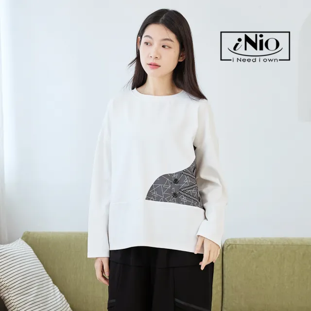 【iNio 衣著美學】長袖上衣 冬新品 現貨 幾何拼接 圓領 長袖棉T CDW1713