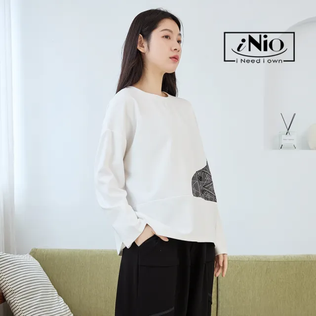 【iNio 衣著美學】長袖上衣 冬新品 現貨 幾何拼接 圓領 長袖棉T CDW1713