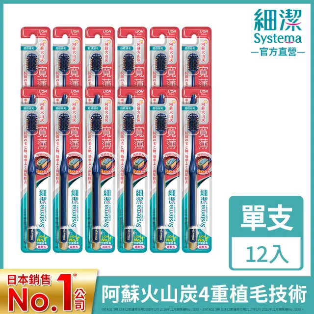 【LION 獅王】細潔寬薄牙刷12入(椰萃護齦/炭能抗菌/茶究柔護)