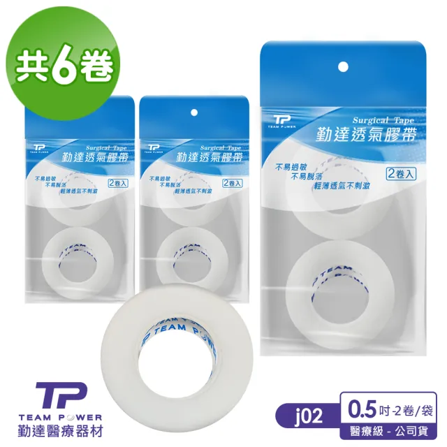 【TEAMPOWER 勤達】共6卷-白色透氣紙膠1吋、半吋任選-2卷/袋j01、j02(傷口紗布固定膠帶、醫用)