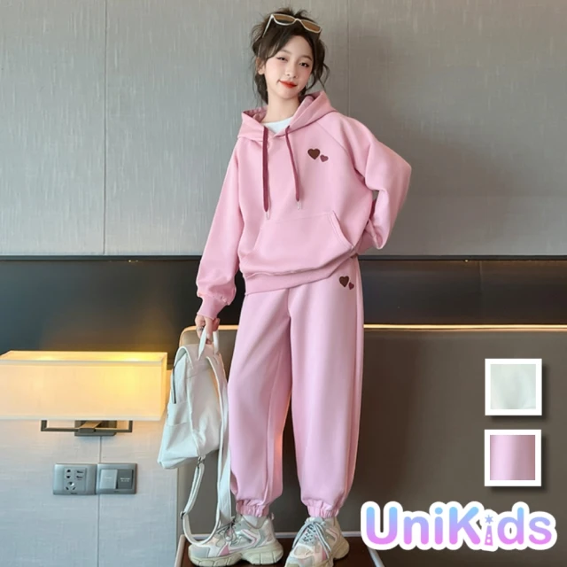 UniKids 現貨 中大童裝2件套裝愛心長袖帽T休閒長褲 女大童裝 CVCJD1212(粉紅)