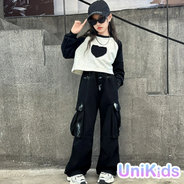 UniKids 現貨 中大童裝2件套裝愛心長袖T恤印染工裝長褲 女大童裝 CVQSY9975(套裝)