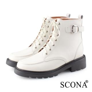 【SCONA 蘇格南】全真皮 經典扣飾綁帶短靴(米白色 8819-2)