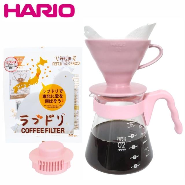 【HARIO】V60粉桃色02陶瓷濾杯咖啡壺組(附贈 愛情白鴿濾紙)