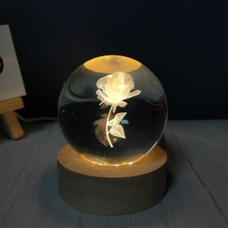 【A-ONE 匯旺】浪漫玫瑰 水晶球 LED暖光 水晶燈 氣氛燈 月球燈 星空燈 USB木座 燈座 展示燈