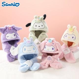 【SANRIO 三麗鷗】三麗鷗兒童毛帽圍巾2合1套組(酷洛米/美樂蒂/大耳狗/凱蒂貓 交換禮物/聖誕禮物)