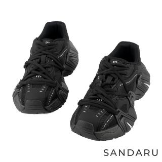 【SANDARU 山打努】老爹鞋 潮流雙鞋帶厚底真皮休閒鞋(黑)
