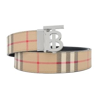 【BURBERRY 巴寶莉】銀字TB LOGO經典格紋拼接皮革雙面用男士皮帶(卡其)