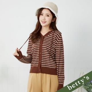 【betty’s 貝蒂思】連帽條紋落肩開襟V領針織上衣(咖啡)