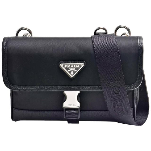 【PRADA 普拉達】經典三角品牌LOGO尼龍腰包/斜背包(黑色2ZH108-TESUTO+SAFFIAN-NERO-1)