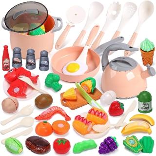 【CuteStone】兒童模擬鍋具切切樂家家酒套裝玩具43件組(扮家家酒 兒童廚房 生日玩具)