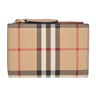 【BURBERRY 巴寶莉】經典LOGO格紋雙折對開短夾(卡其)