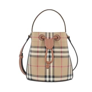 【BURBERRY 巴寶莉】經典格紋帆布束口水桶包(石楠木棕色)