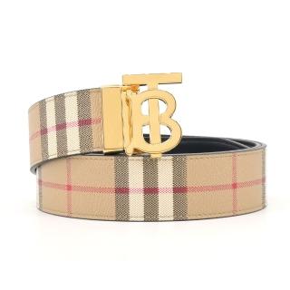 【BURBERRY 巴寶莉】金字TB LOGO經典格紋拼接皮革雙面用男士皮帶(卡其)