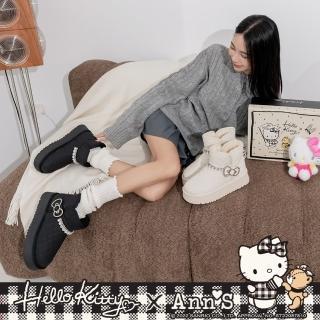 【Ann’S】Ann’S X Sanrio三麗鷗 HELLO KITTY 聯名大蝴蝶結菱格紋鑽石牛皮真皮防潑水短筒雪靴(黑)