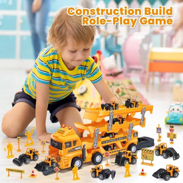 【CuteStone】小小工頭開工！仿真三層工程運輸車套裝(6款迴力車+工程告示牌) 工程現場模擬 生日禮物推薦