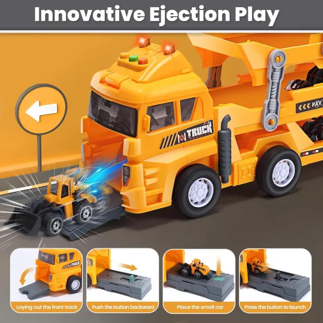【CuteStone】小小工頭開工！仿真三層工程運輸車套裝(6款迴力車+工程告示牌) 工程現場模擬 生日禮物推薦