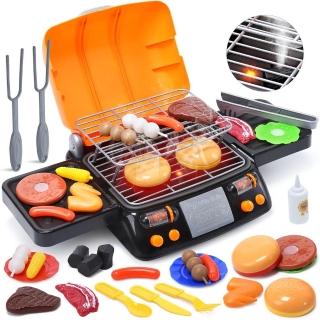 【CuteStone】兒童模擬聲光噴霧雙層烤肉鐵板燒與切切樂套裝玩具 29件組(燒烤玩具切切樂)