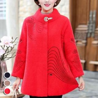 【K.W.】現貨貂絨波浪刺繡中長版保暖外套(現貨 復古風 水貂絨 加厚 共1色)