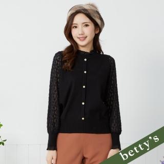 【betty’s 貝蒂思】圈圈蕾絲拼接荷葉邊小立領針織上衣(黑色)