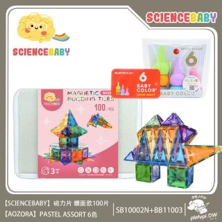 【ScienceBaby】100片鑽面磁力片+6色無毒積木蠟筆 粉彩色(兒童遊戲組 兒童學習玩具 繪畫玩具)