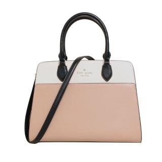 【KATE SPADE】MADISON桃心LOGO防刮皮革撞色手提斜背兩用包 公事包(奶茶拚白)