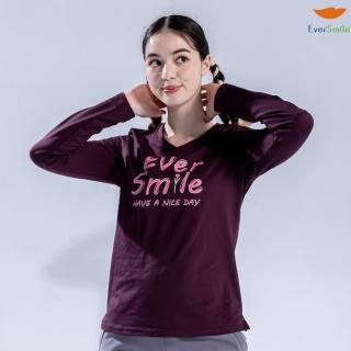 【EverSmile 幸福臺灣】女V領保暖小花英文印花T(吸濕排汗、刷毛保暖、V領、彈性、精緻印花)