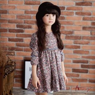 【ANNY’S 安妮公主】童裝 復古小碎花秋冬款純棉蝴蝶結長袖洋裝(9238卡其)